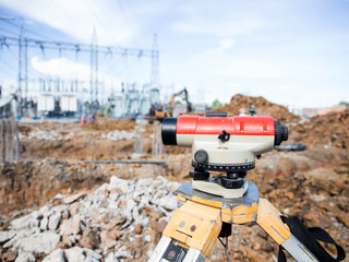Surveyor equipment tacheometer or theodolite outdoors at constru