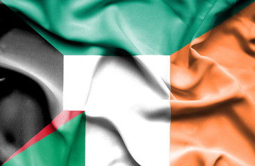 Waving flag of Ireland and Kuwait