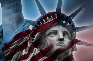 Double exposure image of the Statue of Liberty and the American flag