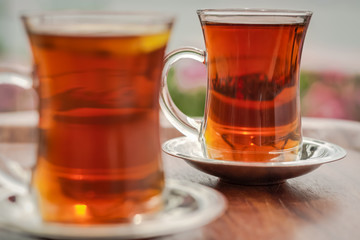 Two cups of turkish tea on a table in Istanbul