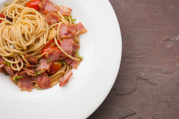Spaghetti with dried chilli ,bacon and garlic.