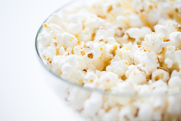 close up of popcorn in glass bowl