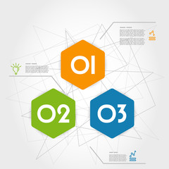 three colorful infographic hexagons