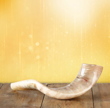 shofar (horn) on wooden table. rosh hashanah  jewish holiday