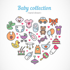 Hand drawn baby icons collection: toys, food, clothes, baby staff