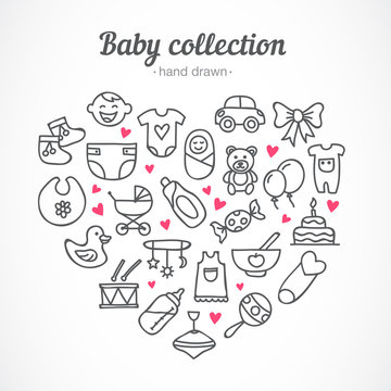 Hand drawn baby icons collection: toys, food, clothes, baby staff