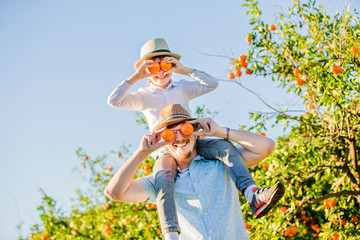Happy father with his young son have fun on citrus farm 