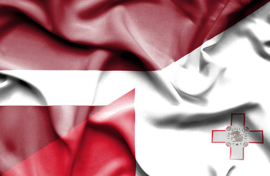 Waving flag of Malta and Latvia