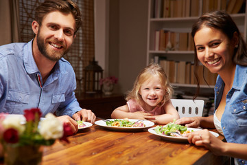 Family eating dinner at a dining table, looking at camera