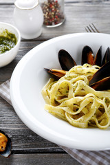 Pasta with mussels on a plate