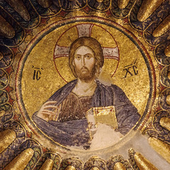Mosaic of Christ Pantocrator in the south dome of the inner narthex of Chora church, Istanbul,...