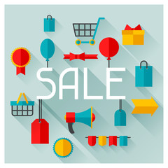 Background with sale and shopping icons in flat design style