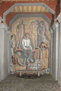 PAXMAL mit Mosaik von Karl Bickel (Detail), Walenstadt, St. Gallen, Schweiz