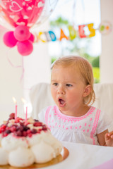 Obraz na płótnie Canvas Little Girl Blowing Candles on Her Birthday Cake