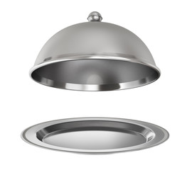 Restaurant cloche with open lid on a white background.