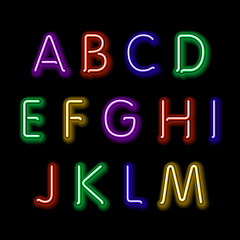 Neon glow alphabet. Vector design party retro 3d art neon font,