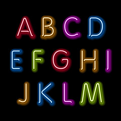 Neon glow alphabet. Vector design party retro 3d art neon font,