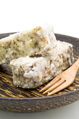 Chinese and Thai dessert of sweet taro fried on palm wood dish