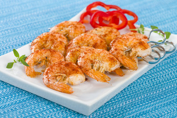 Paprika Prawn Satay - BBQ prawns on a skewer dusted with smoked paprika.

