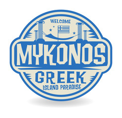 Stamp or label with the name of Mykonos, Greek Island Paradise