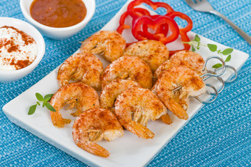 Paprika Prawn Satay - BBQ prawns on a skewer dusted with smoked paprika.
