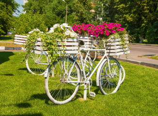 Fototapeta premium Flower bed-bicycle in a city park