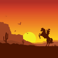 Fototapeta na wymiar Wild west american desert landscape with cowboy on horse
