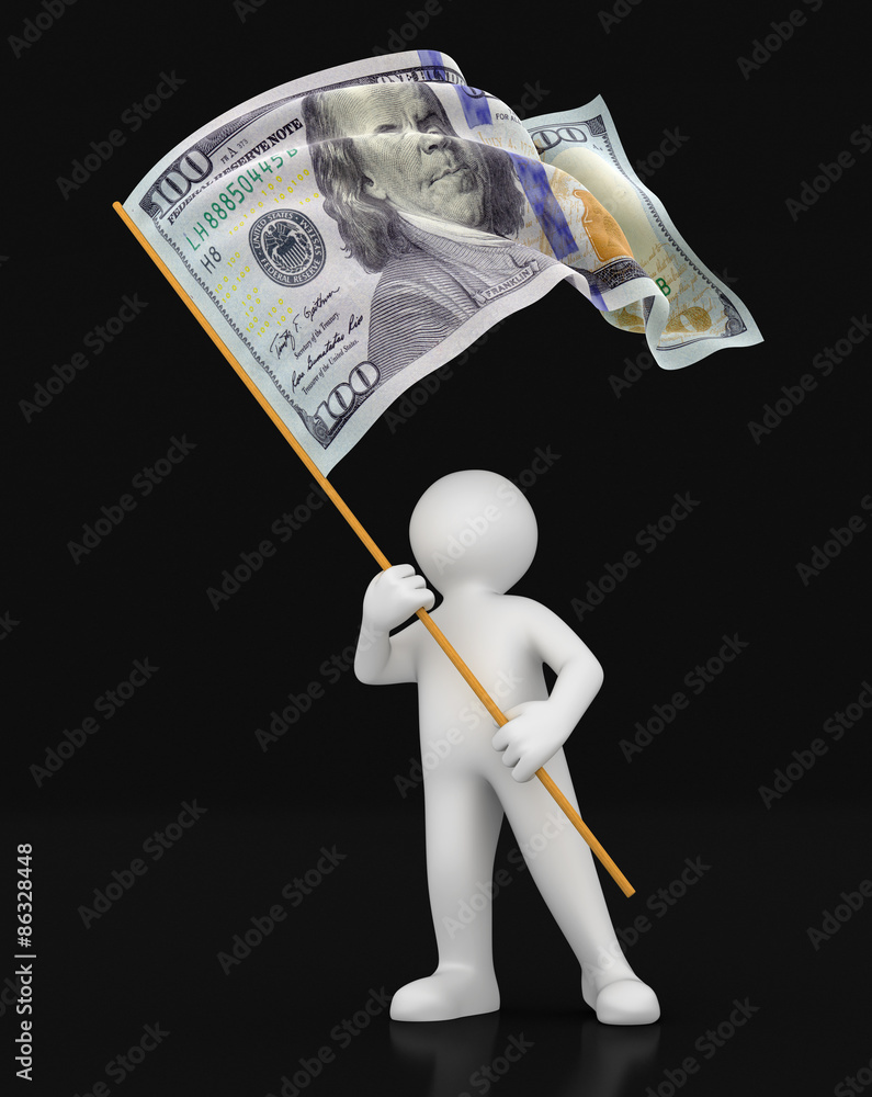 Poster man and flag with dollar (clipping path included)