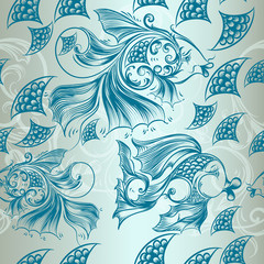 Vector seamless pattern for wallpaper design with swirls and fis