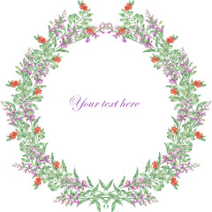 Wreath of salvia and cowberry painted in watercolor on a white background