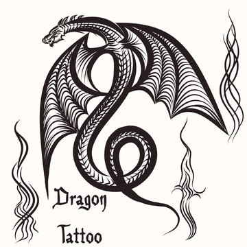 Hand drawn tattoo with engraved dragon