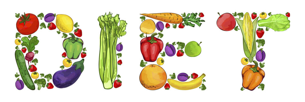 Diet. The word from vegetables and fruits. Vector illustration