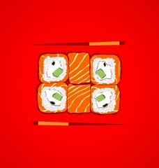 Six pieces of sushi with chopsticks on a red background