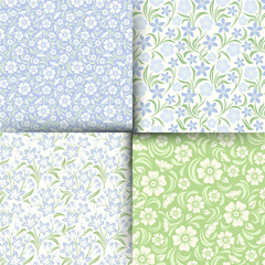 Vector set of four blue and green seamless floral patterns.	