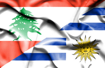 Waving flag of Uruguay and  Lebanon