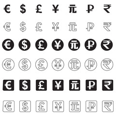 Stylized icons of various currencies. Vector illustration
