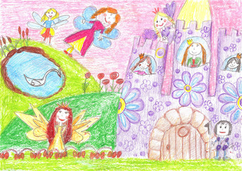 Fairy of a tale, princess, prince - children drawing