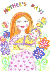 Fototapeta na wymiar Baby and a happy mother- hand drawn