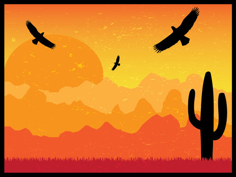 Desert with silhouettes of cactus and eagles with grunge background