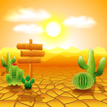 Desert landscape with wooden sign and cactuses