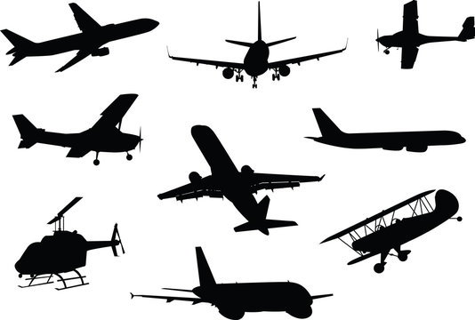 A collection of silhouettes of various aircraft including jets, airplanes and a helicopter.