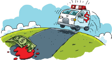 A cartoon ambulance races to rescue a dollar bill that lies injured and bleeding on a road after an accident. © blambca