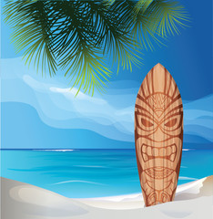 Tiki warrior mask design surfboard on ocean beach - obrazy, fototapety, plakaty