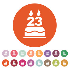 The birthday cake with candles in the form of number 23 icon. Birthday symbol. Flat