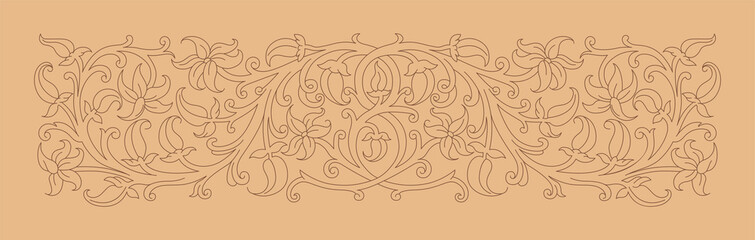 Floral ornament in medieval style. Pattern of interwoven stems, foliage and flowers. Vector frame, elegant vignette, design element and page decoration