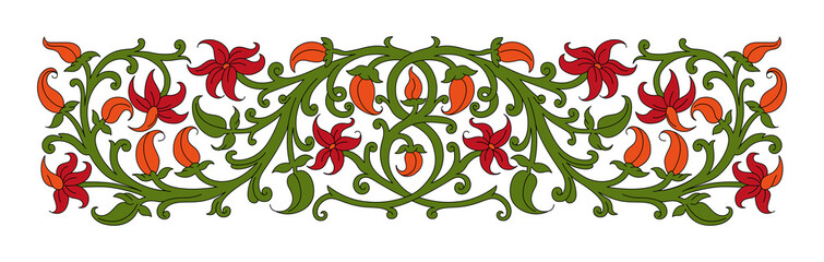 Floral ornament in medieval style. Pattern of interwoven stems, foliage and flowers. Vector frame, elegant vignette, design element and page decoration