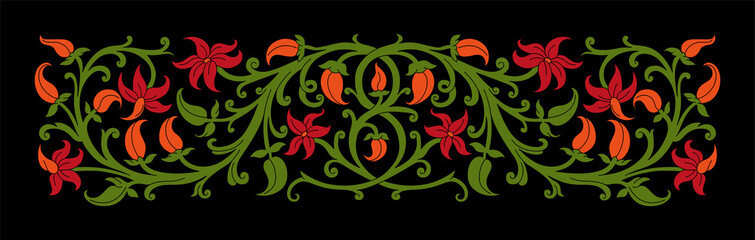 Floral ornament in medieval style. Pattern of interwoven stems, foliage and flowers. Vector frame, elegant vignette, design element and page decoration