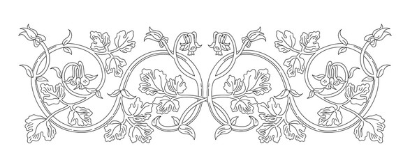 Floral ornament in medieval style. Pattern of interwoven stems, foliage and flowers. Vector frame, elegant vignette, design element and page decoration
