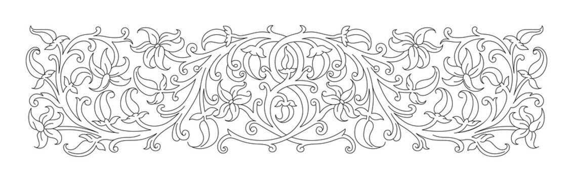 Naklejka Floral ornament in medieval style. Pattern of interwoven stems, foliage and flowers. Vector frame, elegant vignette, design element and page decoration