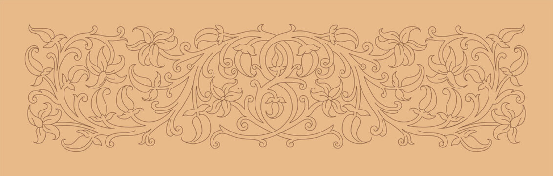 Floral ornament in medieval style. Pattern of interwoven stems, foliage and flowers. Vector frame, elegant vignette, design element and page decoration
